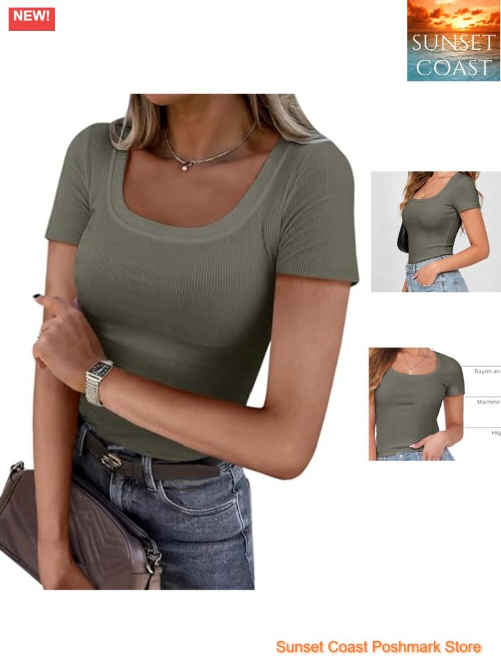 Women's Short Sleeve Ribbed Slim Fit Scoop Neck Tee Top